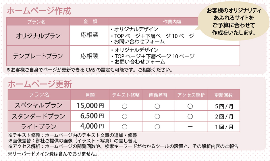 オリジナルデザインでご予算に合わせて作成します。更新は月額4000円から